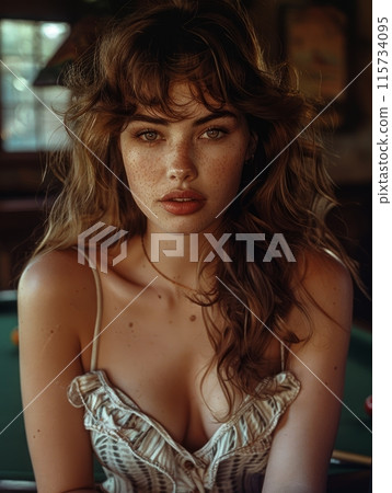 woman enthusiastically playing billiards 115734095