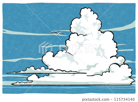 夏日天空中的一簇雷雲和兩隻白色海鳥在遠處飛翔，印刷風格 115734140