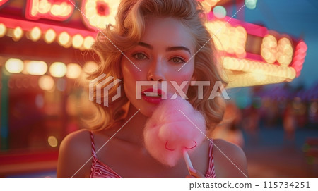 woman eating cotton candy woman eating cotton candy 115734251