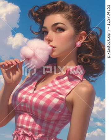 woman eating cotton candy woman eating cotton candy 115734252