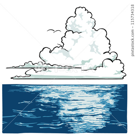 A mass of cumulonimbus cloud floating on the ocean and two white seabirds flying in the distance - brush drawing, matte painting A mass of cumulonimbus cloud floating on the ocean and two white seabirds flying in the distance - brush drawing, matte painting 115734318