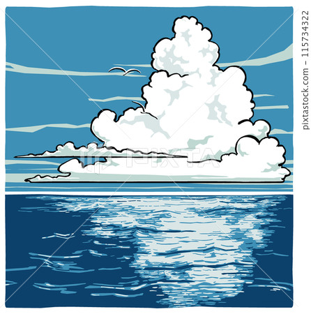 A cluster of cumulonimbus clouds in the summer sky over the ocean and two white seabirds flying in the distance. Brush-drawn and matte-finished A cluster of cumulonimbus clouds in the summer sky over the ocean and two white seabirds flying in the distance. Brush-drawn and matte-finished 115734322