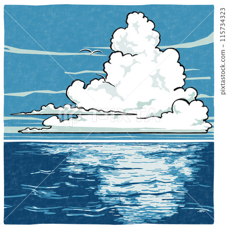 A cluster of cumulonimbus clouds in the summer sky over the ocean and two white seabirds flying in the distance - woodblock print style A cluster of cumulonimbus clouds in the summer sky over the ocean and two white seabirds flying in the distance - woodblock print style 115734323