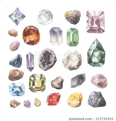Watercolor illustration of various types of gemstones on white background 115734343