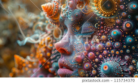 woman and magic mushrooms woman and magic mushrooms 115734370
