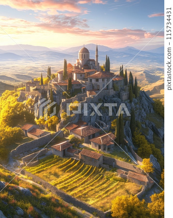 monastery in the Caucasus mountains 115734431