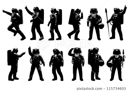 Silhouette of Astronaut in space suit, vector illustration Silhouette of Astronaut in space suit, vector illustration 115734603