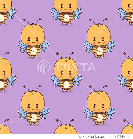 Seamless pattern with cute bee on purple background. Vector illustration. Cartoon insect kawaii character. Kids collection. 115734604