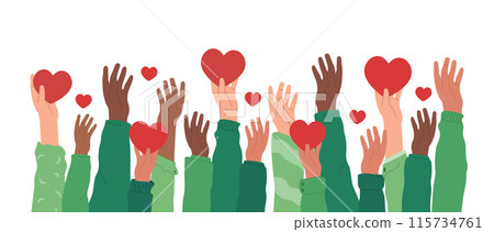 Hands of volunteers hold hearts. Volunteering, teamwork concert. 115734761