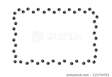Rectangular frame with pet paw print. Black silhouette of a path of dog or cat footprints . Frame with pet footprints for design of shop windows, websites, etc. Vector illustration. 115734763