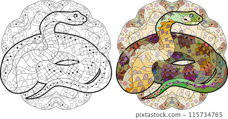 Zentangle snake for coloring on mandala . Hand drawn decorative vector illustration. Color and outline set 115734765