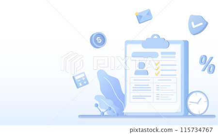 Tax payment process. Variety symbolic elements, calculation, withholding tax, tax deduction, tax payment, income form, checklist and submit to government. Flat vector design illustration. 115734767