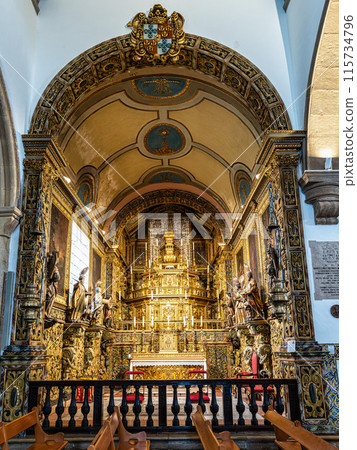 Interior of Faro Cathedral, Se Catedral in Faro, Algarve, Portugal. With walls finely decorated by azulejos tiles. Interior of Faro Cathedral, Se Catedral in Faro, Algarve, Portugal. With walls finely decorated by azulejos tiles. 115734796