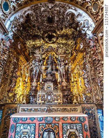 Interior of Faro Cathedral, Se Catedral in Faro, Algarve, Portugal. With walls finely decorated by azulejos tiles. Interior of Faro Cathedral, Se Catedral in Faro, Algarve, Portugal. With walls finely decorated by azulejos tiles. 115734807