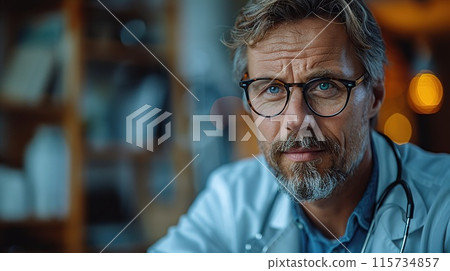 Doctor consulting senior patient in clinic. Created with Generative AI 115734857