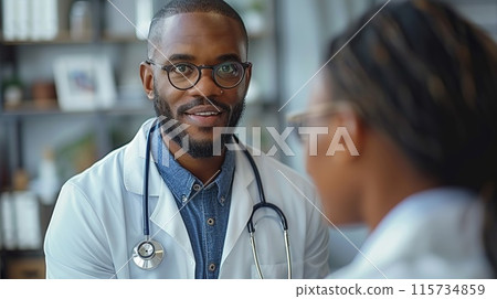 Doctor consulting senior patient in clinic. Created with Generative AI 115734859