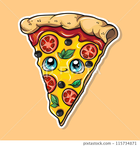 Cute piece of pizza sticker. Vector hand drawn cartoon kawaii character illustration icon. Isolated on peach background. Piece of pizza character concept 115734871