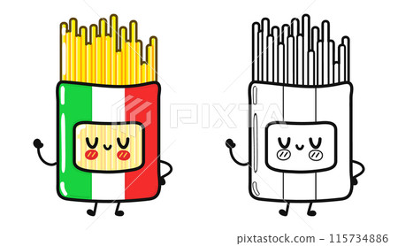 Pack Spaghetti character outline cartoon illustration for coloring book. Vector hand drawn Spaghetti raditional cartoon vintage, retro, kawaii character. Isolated white background 115734886