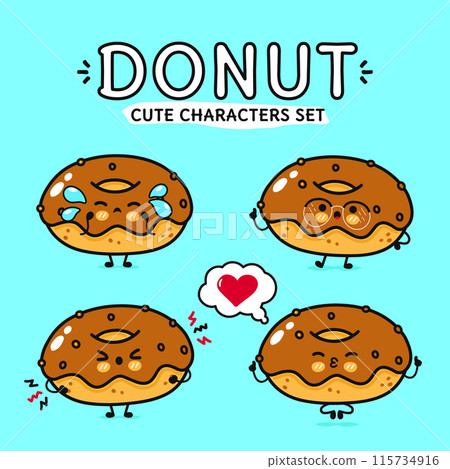 Funny cute happy chocolate Donut characters bundle set. Vector hand drawn doodle style cartoon character illustration. Isolated on blue background. Donut mascot character collection Funny cute happy chocolate Donut characters bundle set. Vector hand drawn doodle style cartoon character illustration. Isolated on blue background. Donut mascot character collection 115734916