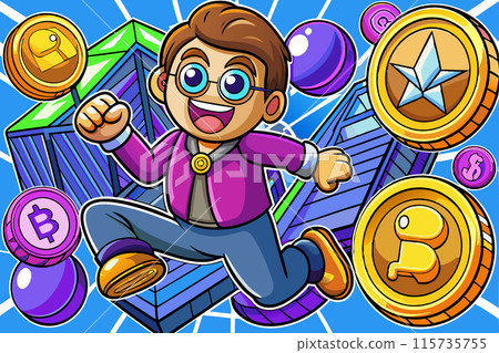 A man in the world of cryptocurrency in pursuit of success. Vector illustration 115735755