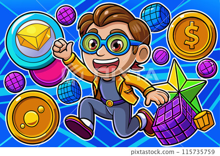 A man in the world of cryptocurrency in pursuit of success. Vector illustration 115735759