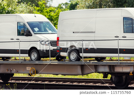 Mane new modern electric and fuel cars vans transportation by cargo freight train railway wagon. Railroad export and import automotive logistics service. Safety and insurance goods shipping industry Mane new modern electric and fuel cars vans transportation by cargo freight train railway wagon. Railroad export and import automotive logistics service. Safety and insurance goods shipping industry 115735760