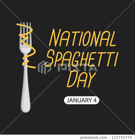National Spaghetti Day. Spaghetti on a fork on a dark background. Banner, poster. Vector 115735774