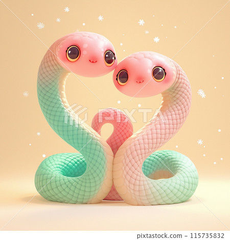 3D Two small snakes are hugging each other in a heart shape. The colors of the snakes are pink and green 115735832