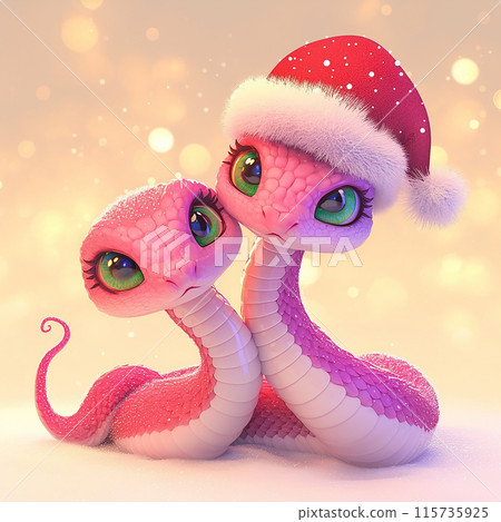 2025 3D Two small pink snakes wearing Santa hats are hugging each other. The image has a cute and festive mood, as the snakes are dressed in holiday attire 115735925