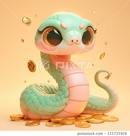 2025 cartoon 3D snake. The snake is sitting on a pile of gold coins 115735926