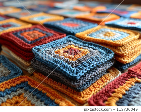 Close-up of colorful crocheted squares stacked on a table. 115736049