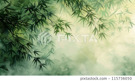 An elegant backdrop with a stylized bamboo grove in watercolor shades of green and grey 115736050
