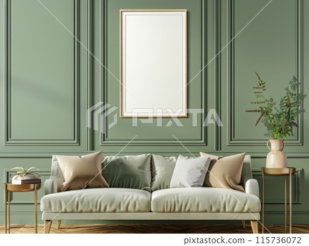Mockup of White Frame on Green Wall with Green Velvet Sofa 115736072