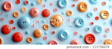 A variety of colorful buttons scattered on a light background. 115736078