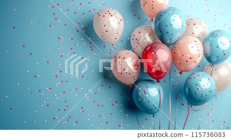 Bunch of colorful balloons with confetti against a blue background. 115736083