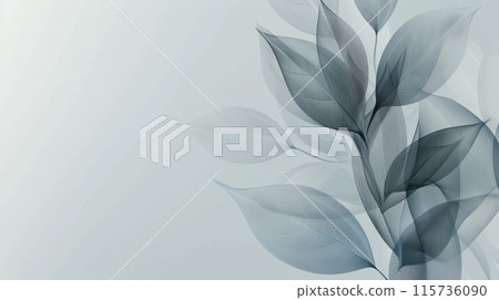 Abstract background with delicate, translucent leaves in shades of grey and blue on a light backdrop. Abstract background with delicate, translucent leaves in shades of grey and blue on a light backdrop. 115736090