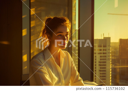 Sunlit Success: Woman in Office Amid Evening Glow 115736102