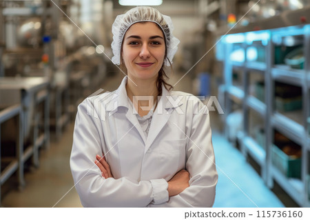 Smiling Expert in Lab Coat at Food Factory Smiling Expert in Lab Coat at Food Factory 115736160