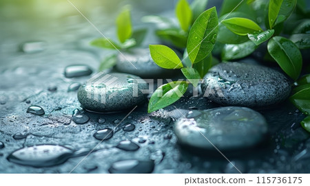 A minimalist background with a close-up of smooth, heated massage stones and natural green leaves, embodying warmth and healing, suitable for a spa's massage therapy room 115736175