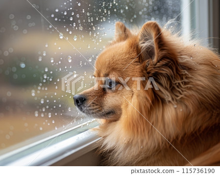 Pomeranian Spitz Looking Out Rainy Window Pomeranian Spitz Looking Out Rainy Window 115736190