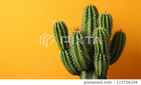 Green cactus against a bright yellow background. 115736204