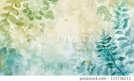 Soft watercolor background with green and blue hues and fern leaves. Ideal for wellness, nature, and eco-friendly themes Soft watercolor background with green and blue hues and fern leaves. Ideal for wellness, nature, and eco-friendly themes 115736211