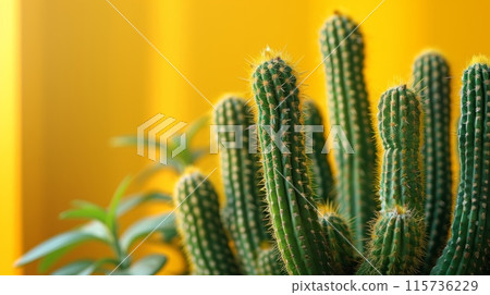 Green cactus against a bright yellow background. Green cactus against a bright yellow background. 115736229