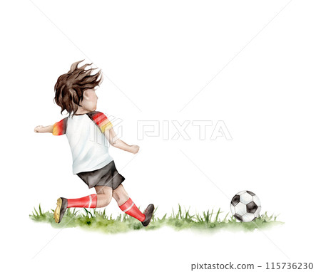Football player young sportsman hand drawn with watercolor ball on green grass. Boy play football in uniform. Isolated illustration of a soccer game. Football player young sportsman hand drawn with watercolor ball on green grass. Boy play football in uniform. Isolated illustration of a soccer game. 115736230