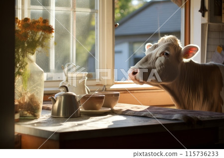 Cow peering through a window into a cozy kitchen with a breakfast setup. 115736233