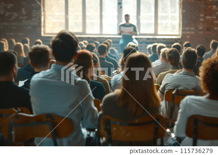 Speaker with presentation in hall at university or college or school Speaker with presentation in hall at university or college or school 115736279