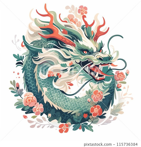 mythical green dragon with flowers, in oriental style 115736384