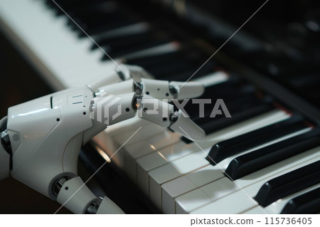 Close-up of a robot playing piano keys Close-up of a robot playing piano keys 115736405