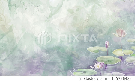 A watercolor background washed in lavender and soft green hues, with floating lily pads, perfect for wellness spa websites or natural health product pages A watercolor background washed in lavender and soft green hues, with floating lily pads, perfect for wellness spa websites or natural health product pages 115736483