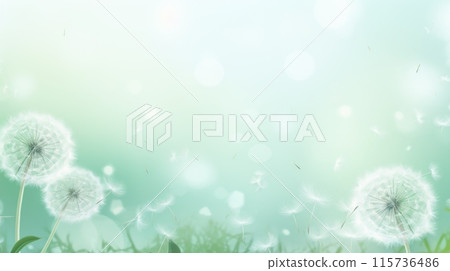 Dandelions with seeds blowing away against a light green background with bokeh effects. 115736486